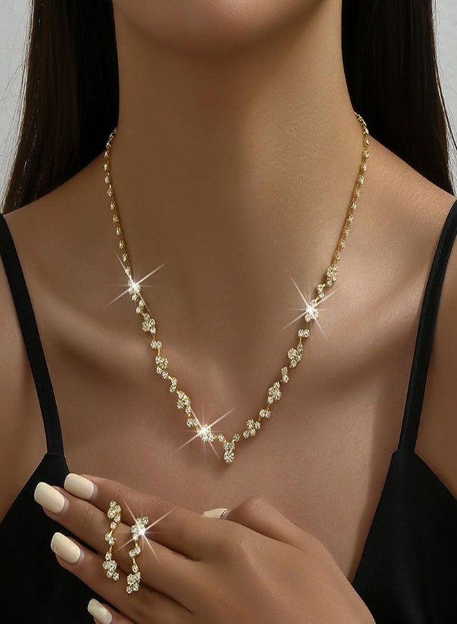 Unicra Bride Crystal Necklace Earrings Set Bridal Wedding Jewelry Sets Rhinestone Choker Necklace Prom Costume Jewelry Set for Women and Brides (3 piece set - 2 earrings and 1 necklace) (Gold) - Image 2