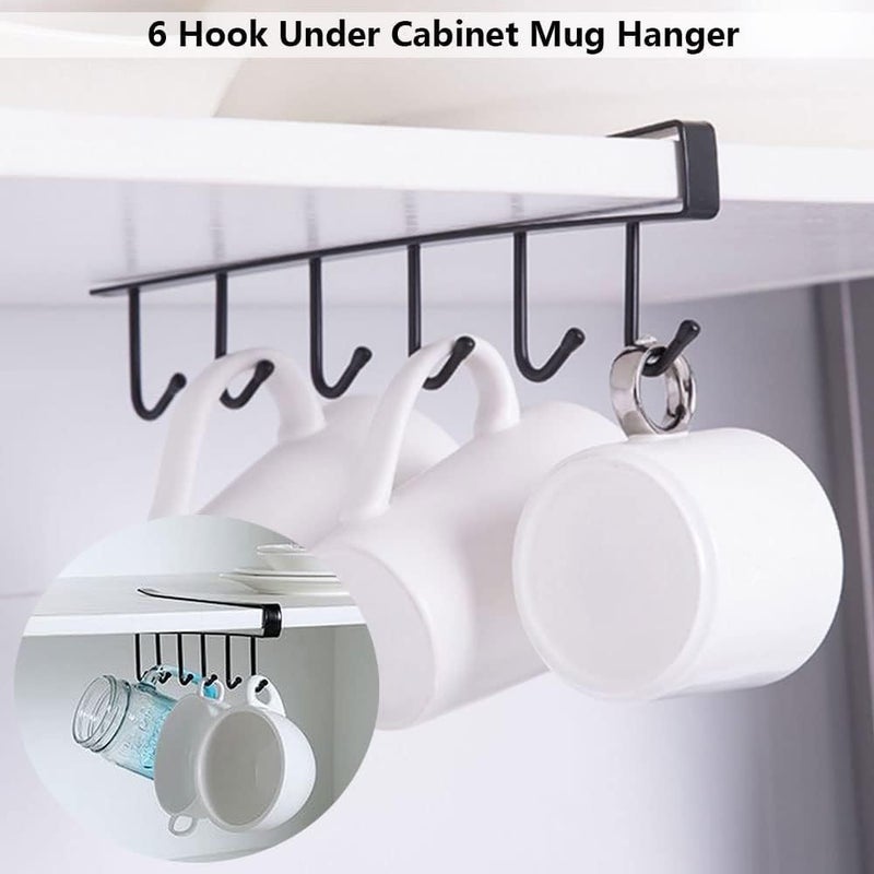 Printme 2 Pack Storage Mug Hooks Rack Under Cabinet Each with 6 Hooks Cup Holder Hanger Wine Glasses Kitchen Utensil Hanger Ties Belts Scarf Hanging Hook Rack Mug Hook Hanger Under Shelf Without Drilling - Image 2