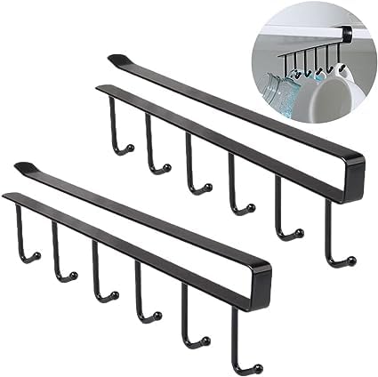 Printme 2 Pack Storage Mug Hooks Rack Under Cabinet Each with 6 Hooks Cup Holder Hanger Wine Glasses Kitchen Utensil Hanger Ties Belts Scarf Hanging Hook Rack Mug Hook Hanger Under Shelf Without Drilling - Image 1