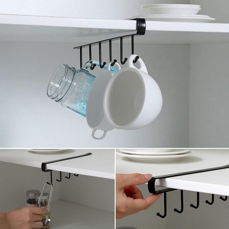 Printme 2 Pack Storage Mug Hooks Rack Under Cabinet Each with 6 Hooks Cup Holder Hanger Wine Glasses Kitchen Utensil Hanger Ties Belts Scarf Hanging Hook Rack Mug Hook Hanger Under Shelf Without Drilling - Image 5