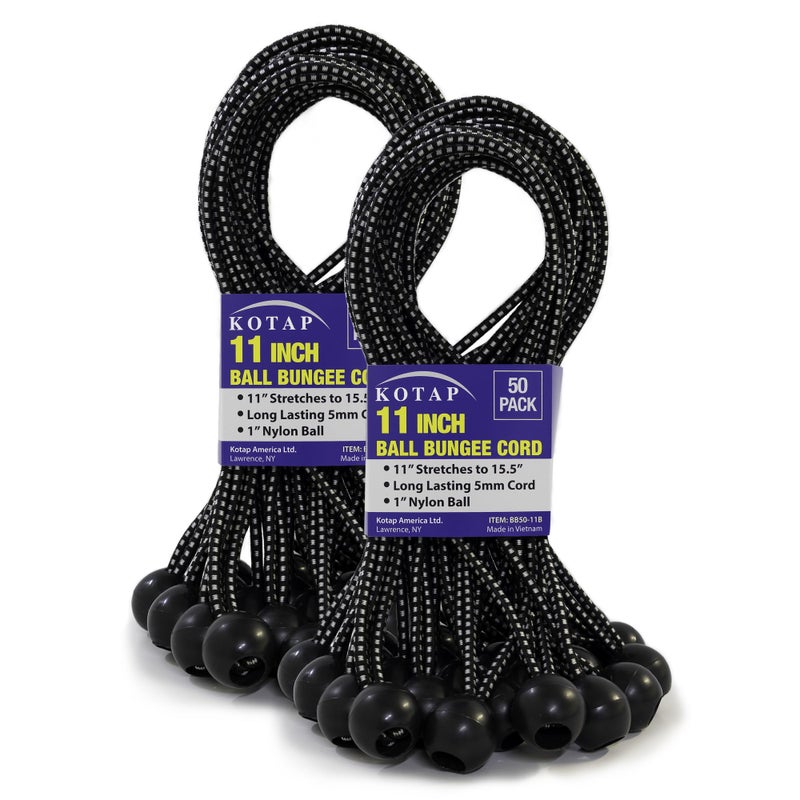 Kotap BB11B Ball Bungee Cord HeavyDuty Versatile Indoor Outdoor Tarp TieDown Organize Secure 11Inch Black 50 Pack