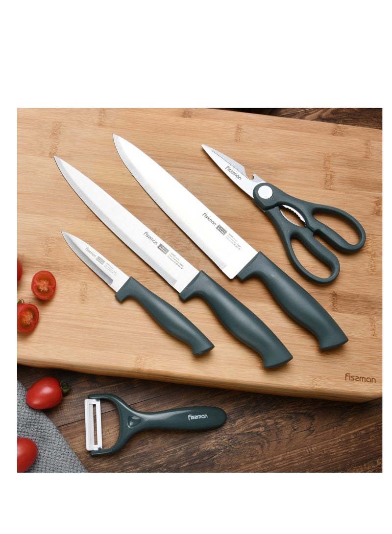 Fissman 5-Piece Kitchen Utensils Set — 20cm Chef Knife, 20cm Slicer Knife, 9cm Paring Knife, Peeler, Multifunctional Scissors — Stainless Steel Kitchen Tools | Ergonomic Anti-Slip Handle - Image 1
