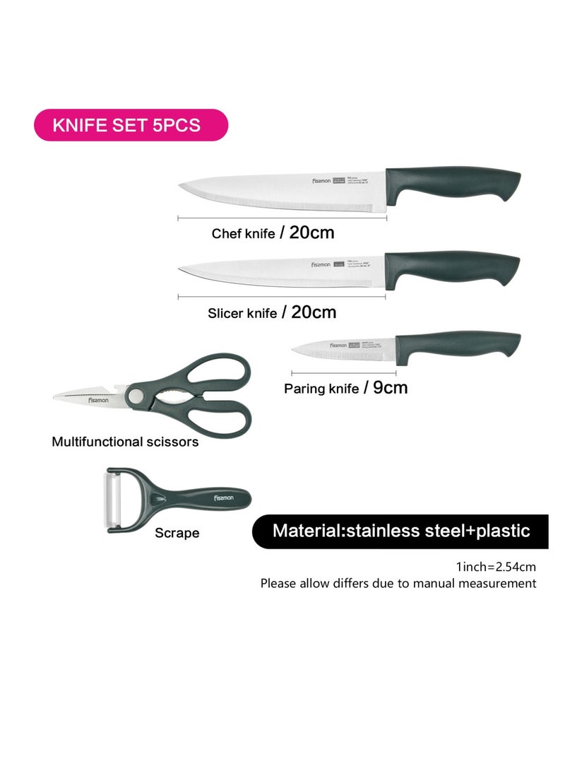 Fissman 5-Piece Kitchen Utensils Set — 20cm Chef Knife, 20cm Slicer Knife, 9cm Paring Knife, Peeler, Multifunctional Scissors — Stainless Steel Kitchen Tools | Ergonomic Anti-Slip Handle - Image 3