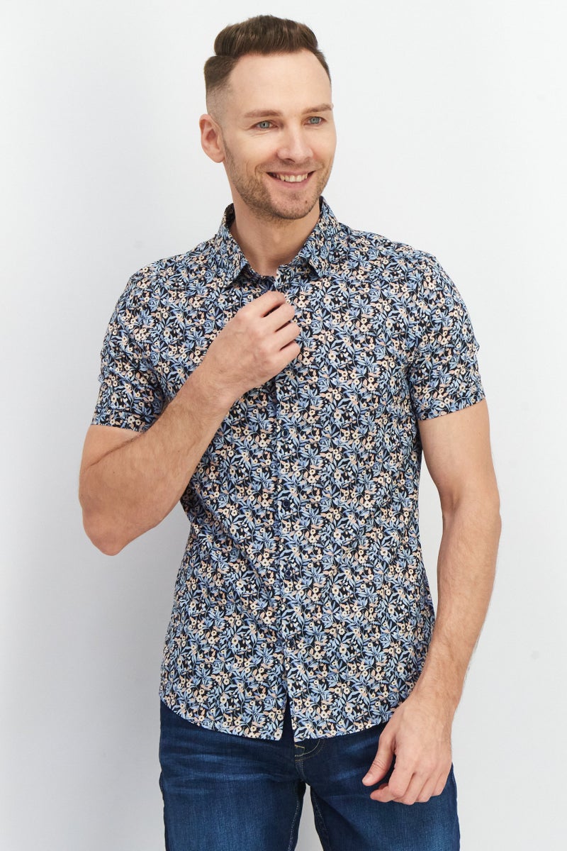 SELECTED قميص رجالي قصير الأكمام بتصميم زهور مناسب للجسم، مجموعة أزرق داكن - Image 1