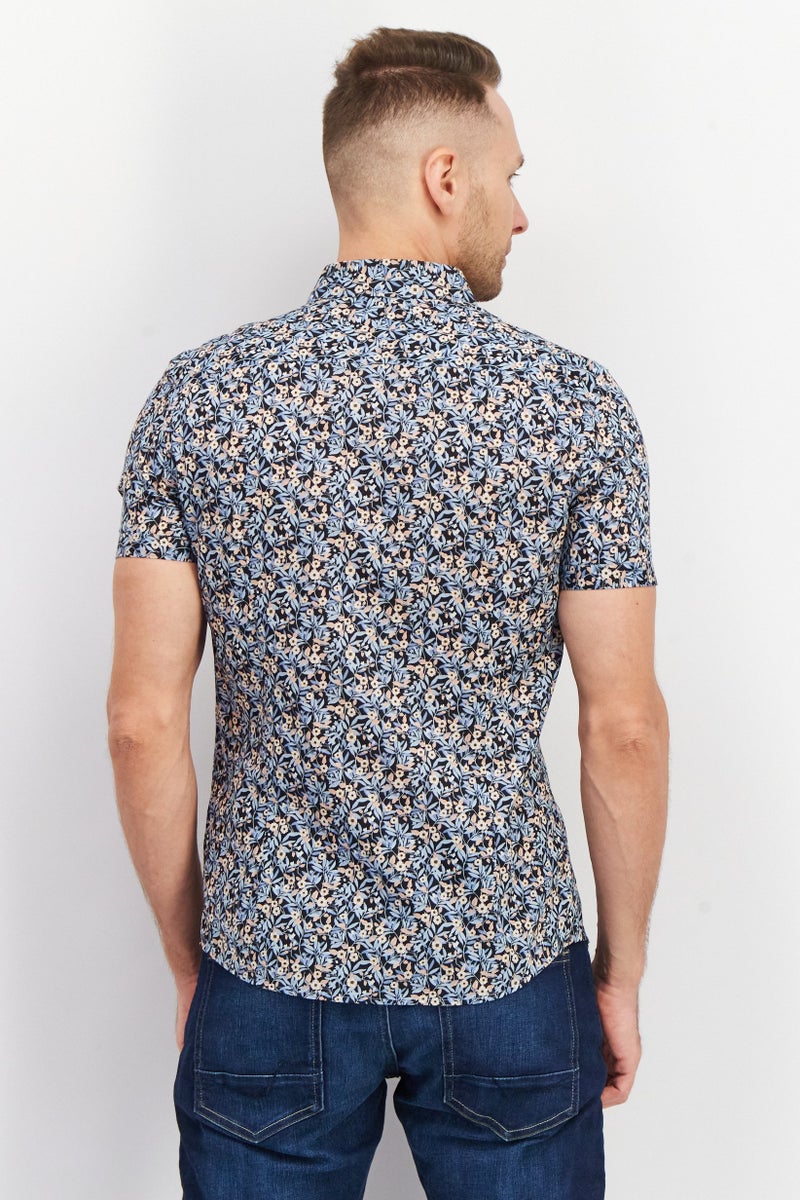 SELECTED قميص رجالي قصير الأكمام بتصميم زهور مناسب للجسم، مجموعة أزرق داكن - Image 3