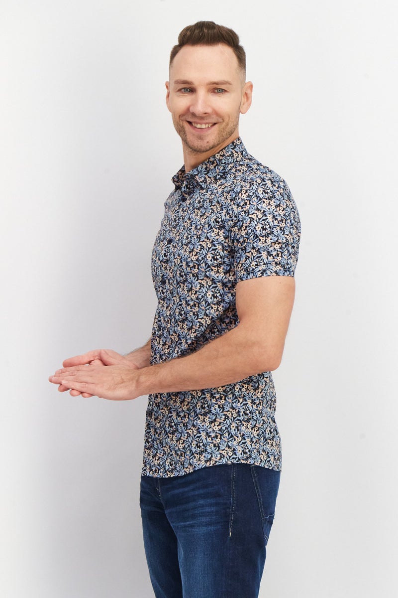 SELECTED Men Slim Fit Floral Print Short Sleeve Casual Shirt, Navy Blue Combo - Image 2