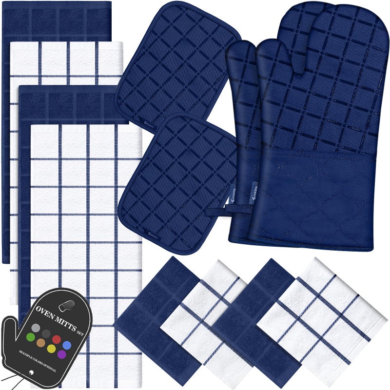 BSKSSK Oven Mitts Pot Holders Sets/Kitchen Towels and Dishcloths  Oven Gloves Kitchen Dish Towels 500 Degree Heat Resistant Potholders with Non-Slip Silicone Surface for Cooking  Grilling  Baking-Marine Blue - Image 1