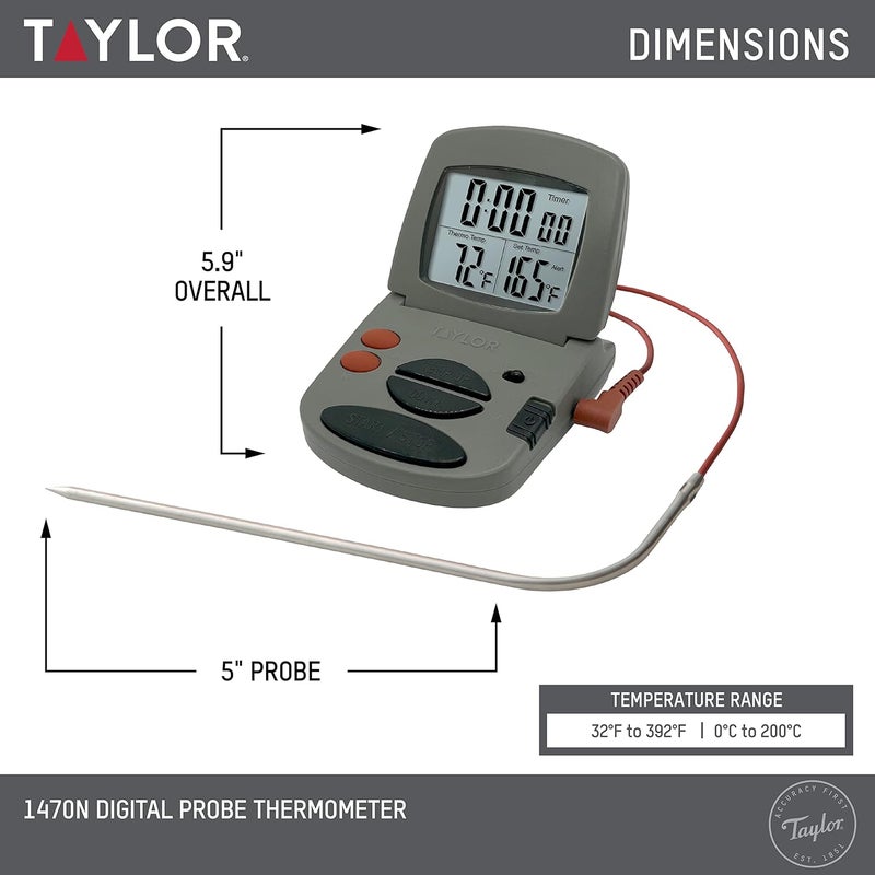 Taylor Precision Products Programmable with Timer Instant Read Wired Probe Digital, Meat, Food, Grill BBQ Cooking Kitchen Thermometer with Timer, Gray - Image 2