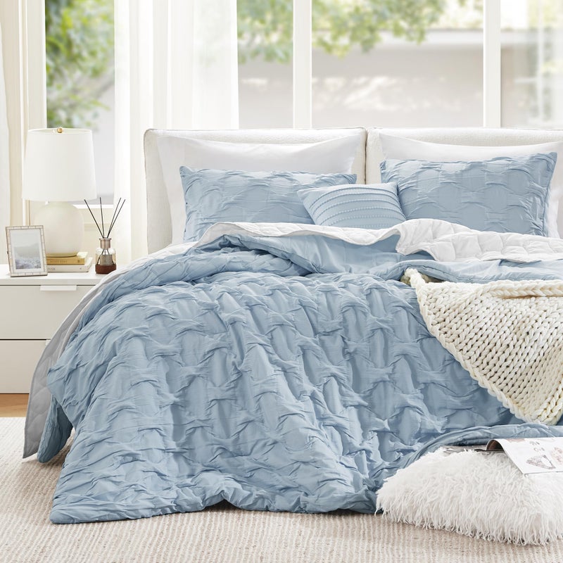 Comfort Spaces Comforter for King Size Bed Ogee Ruched with Crinkle Texture Breathable Comforter Set King All Season Lightweight Bedding Set Shams Dcor Pilow KingCal King Blue 4 Piece - Image 2