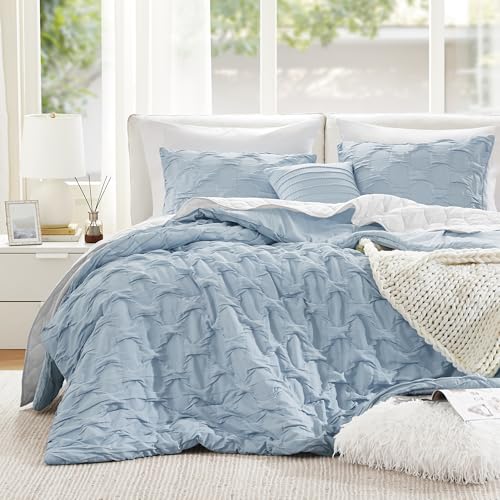 Comfort Spaces Comforter for King Size Bed Ogee Ruched with Crinkle Texture Breathable Comforter Set King All Season Lightweight Bedding Set Shams Dcor Pilow KingCal King Blue 4 Piece - Image 1