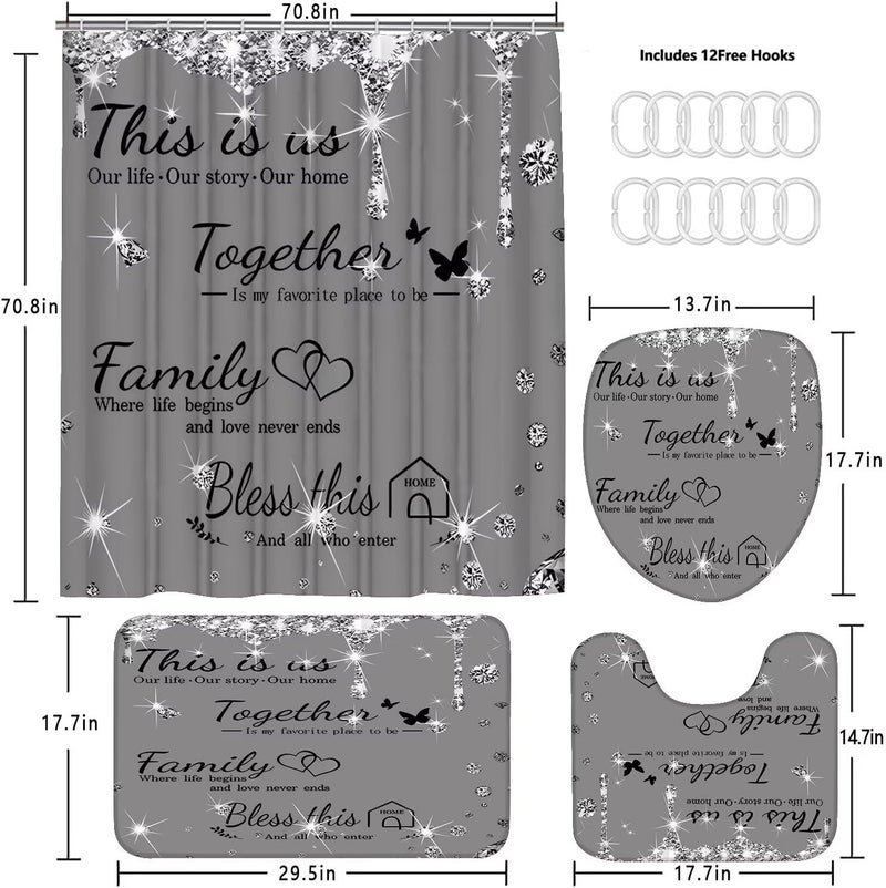 AZHM Sparkling Diamond Letter Printed Shower Curtain Set for Bathroom 4 Pcs Family Bathroom Accessory Decor Sets with Shower Curtain and Rugs - Image 4