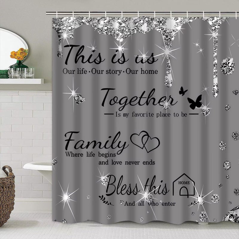 AZHM Sparkling Diamond Letter Printed Shower Curtain Set for Bathroom 4 Pcs Family Bathroom Accessory Decor Sets with Shower Curtain and Rugs - Image 5