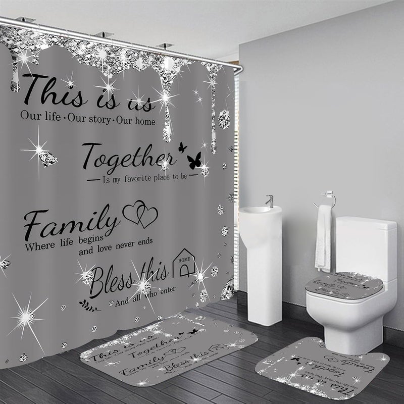 AZHM Sparkling Diamond Letter Printed Shower Curtain Set for Bathroom 4 Pcs Family Bathroom Accessory Decor Sets with Shower Curtain and Rugs - Image 1