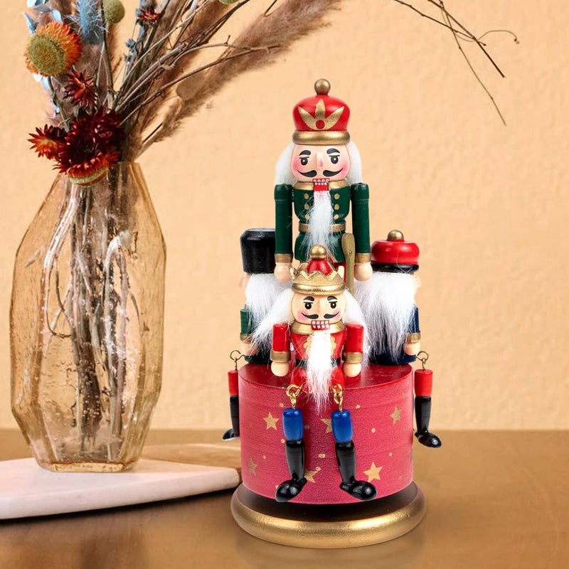 كلاراكو صندوق موسيقى كسارة البندق من كلاركو خشبي بثلاثة جنود، صندوق موسيقى يعمل باللف، لعبة كسارة البندق لعيد الميلاد، قاعدة دائرية، ديكور احتفالي كهدية عيد ميلاد، أحمر - Image 4