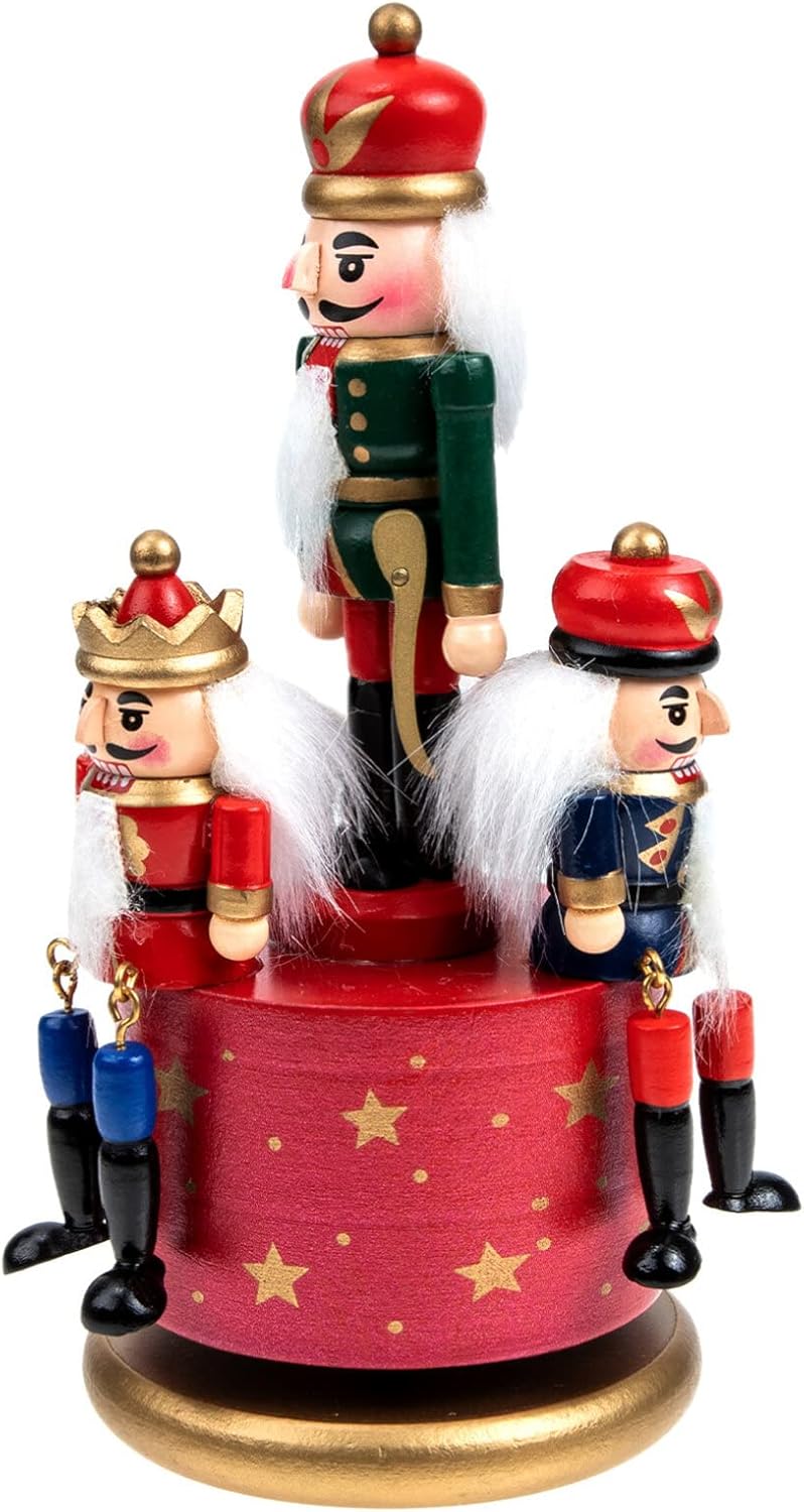 كلاراكو صندوق موسيقى كسارة البندق من كلاركو خشبي بثلاثة جنود، صندوق موسيقى يعمل باللف، لعبة كسارة البندق لعيد الميلاد، قاعدة دائرية، ديكور احتفالي كهدية عيد ميلاد، أحمر - Image 1