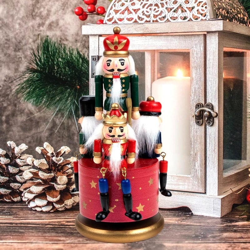 كلاراكو صندوق موسيقى كسارة البندق من كلاركو خشبي بثلاثة جنود، صندوق موسيقى يعمل باللف، لعبة كسارة البندق لعيد الميلاد، قاعدة دائرية، ديكور احتفالي كهدية عيد ميلاد، أحمر - Image 2