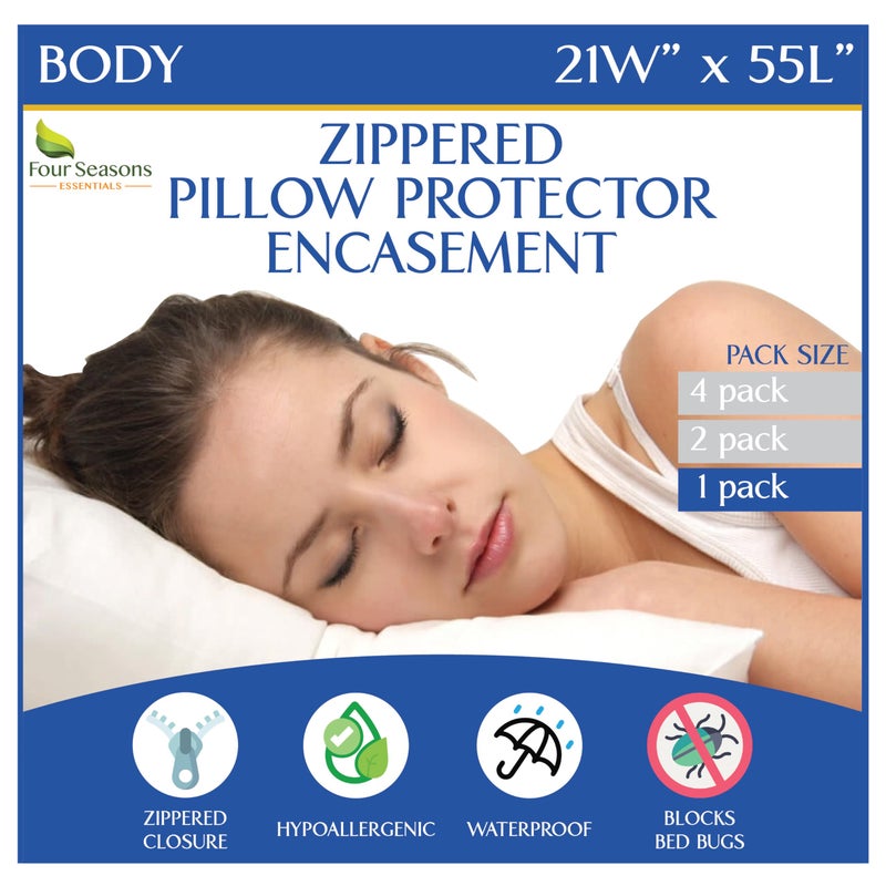 Four Seasons Essentials Body Size Pillow Protector 21" W x 55" L â€“ Waterproof Zippered Pillow Cover Hypoallergenic Dust Proof Pillowcase Encasement - Image 1