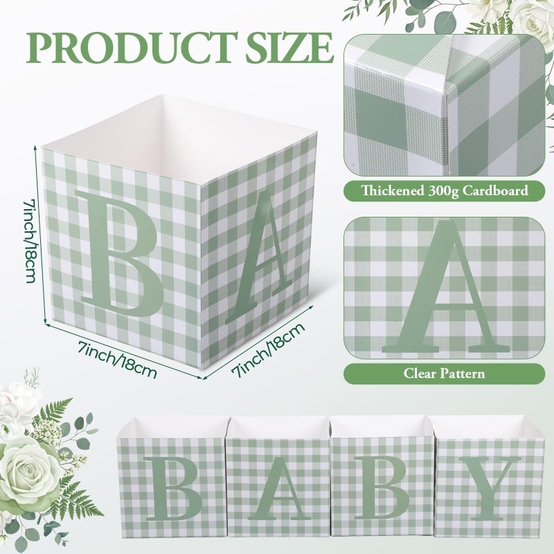 Gilprop 10 Pcs Baby Shower Centerpieces 7 Inch Sage Green Gingham Baby Shower Flower Boxes with Letters Table Display Cube Planter Plaid Blocks for Gender Reveal Birthday Party Decoration - Image 2