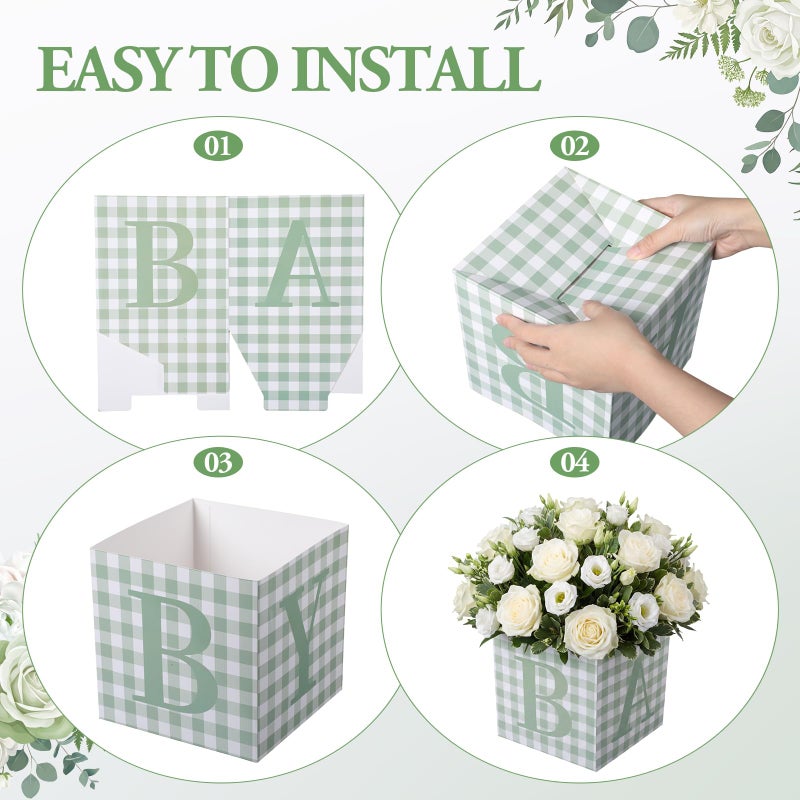 Gilprop 10 Pcs Baby Shower Centerpieces 7 Inch Sage Green Gingham Baby Shower Flower Boxes with Letters Table Display Cube Planter Plaid Blocks for Gender Reveal Birthday Party Decoration - Image 3