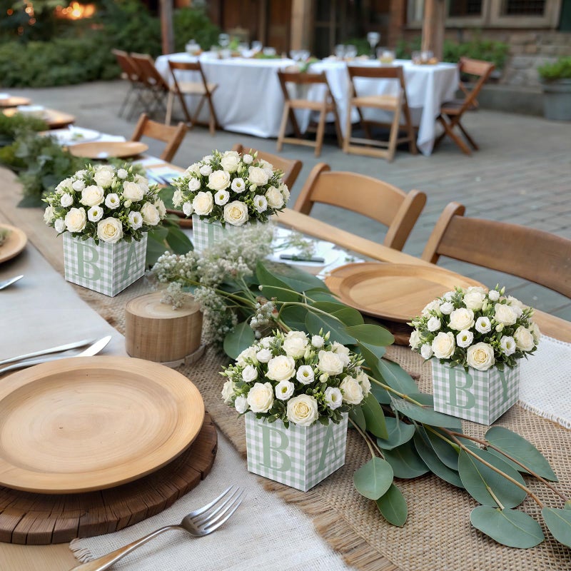 Gilprop 10 Pcs Baby Shower Centerpieces 7 Inch Sage Green Gingham Baby Shower Flower Boxes with Letters Table Display Cube Planter Plaid Blocks for Gender Reveal Birthday Party Decoration - Image 5