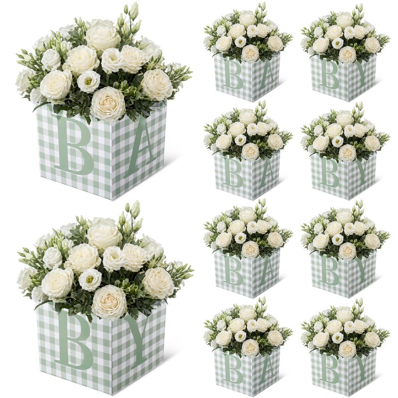 Gilprop 10 Pcs Baby Shower Centerpieces 7 Inch Sage Green Gingham Baby Shower Flower Boxes with Letters Table Display Cube Planter Plaid Blocks for Gender Reveal Birthday Party Decoration - Image 1