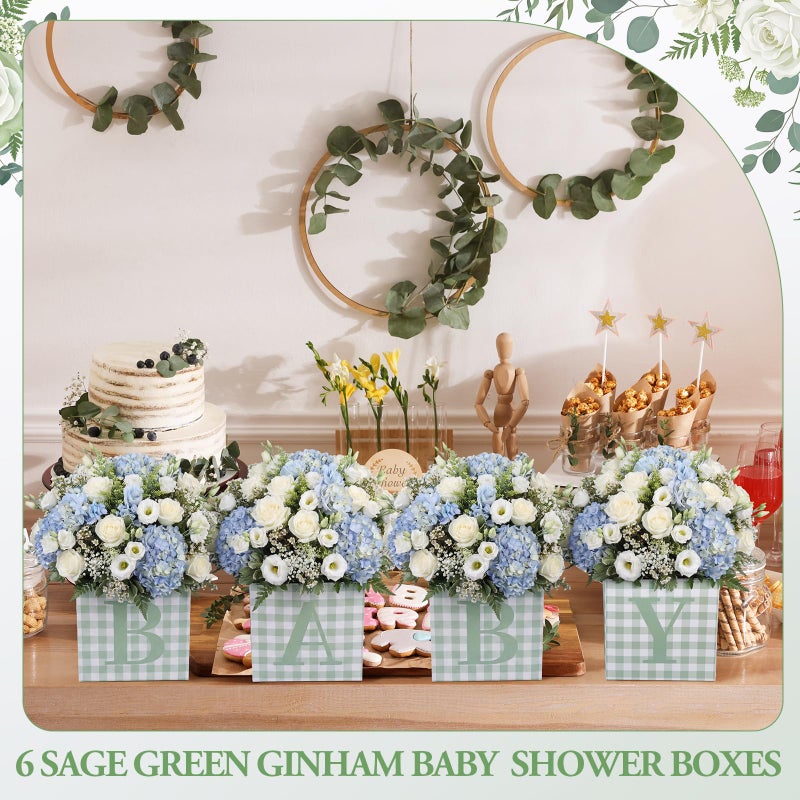 Gilprop 10 Pcs Baby Shower Centerpieces 7 Inch Sage Green Gingham Baby Shower Flower Boxes with Letters Table Display Cube Planter Plaid Blocks for Gender Reveal Birthday Party Decoration - Image 4