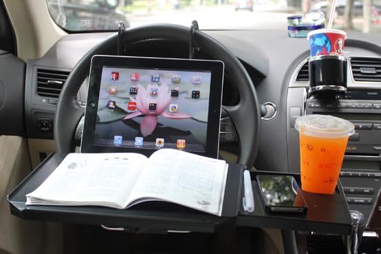 Crobat Car Steering Wheel Hanging Tray with A Goove for Tablet Cup Holder Eating Tray Laptop Desk for Eating Reading Working - Image 2