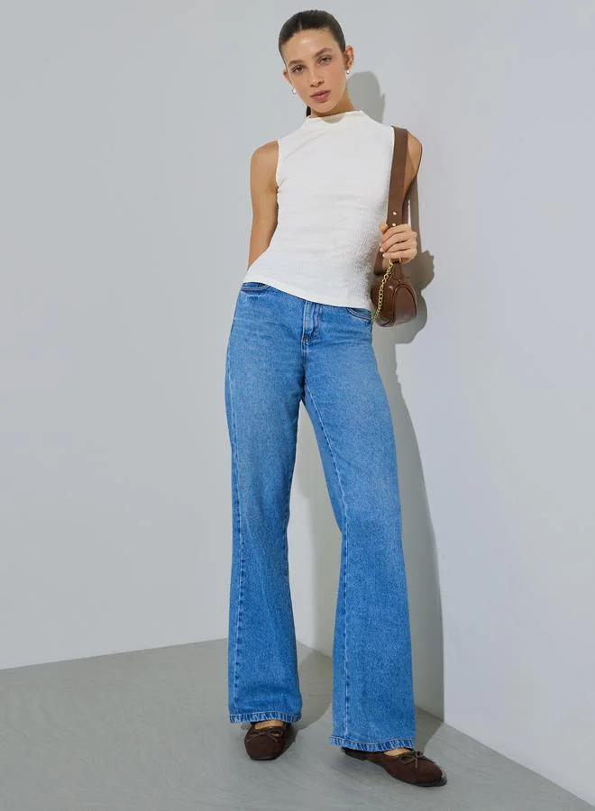Styli Cream Textured Mock Neck Fitted Tank