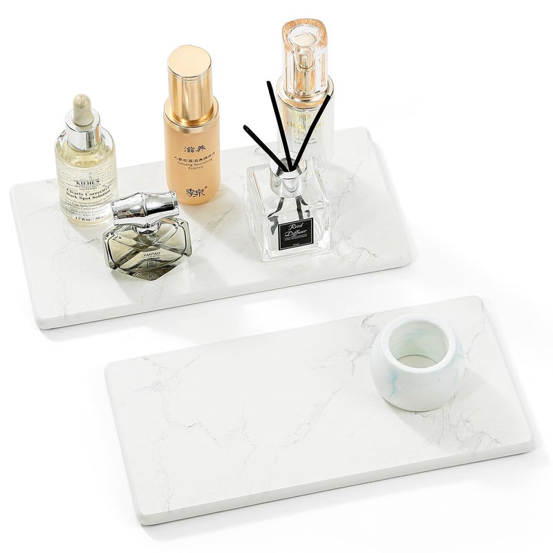 Razborci 2PCS 10"x 5" Large Bathroom Sink Vanity Trays, Water Absorbing Diatomite Stone Quick Drying Mat for Kitchen Counter, Dish Rack Dispensers Sponge Holder Caddy Organizer, Marble White, 10"x 5" - Image 1