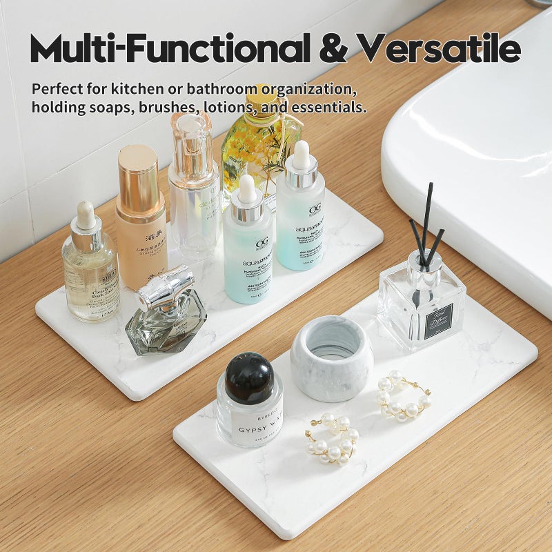 Razborci 2PCS 10"x 5" Large Bathroom Sink Vanity Trays, Water Absorbing Diatomite Stone Quick Drying Mat for Kitchen Counter, Dish Rack Dispensers Sponge Holder Caddy Organizer, Marble White, 10"x 5" - Image 4