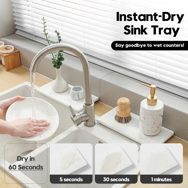 Razborci 2PCS 10"x 5" Large Bathroom Sink Vanity Trays, Water Absorbing Diatomite Stone Quick Drying Mat for Kitchen Counter, Dish Rack Dispensers Sponge Holder Caddy Organizer, Marble White, 10"x 5" - Image 3