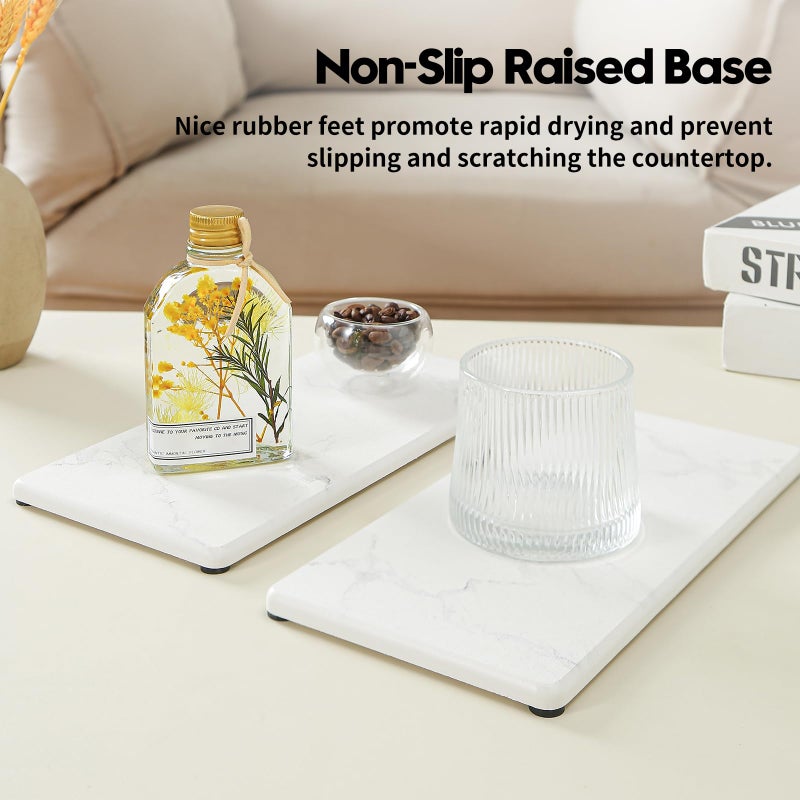 Razborci 2PCS 10"x 5" Large Bathroom Sink Vanity Trays, Water Absorbing Diatomite Stone Quick Drying Mat for Kitchen Counter, Dish Rack Dispensers Sponge Holder Caddy Organizer, Marble White, 10"x 5" - Image 5