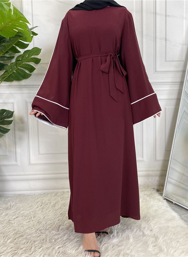 Loquat Women's Solid White Edge Large Lace Up Dress Abaya Red  - Image 1