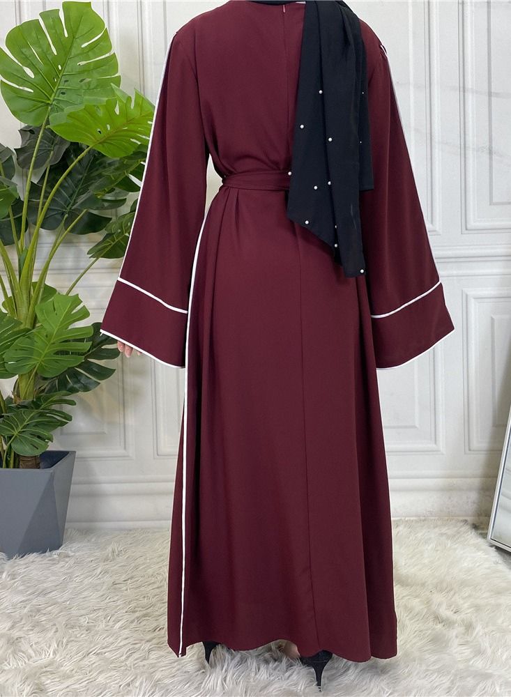 Loquat Women's Solid White Edge Large Lace Up Dress Abaya Red  - Image 3