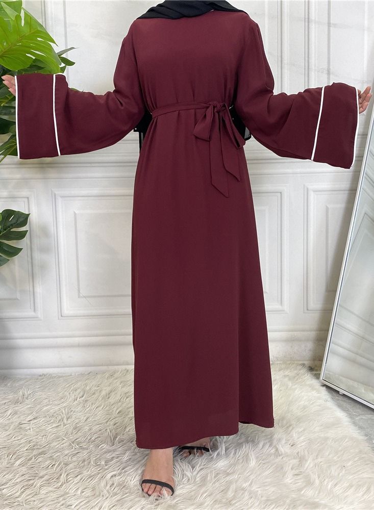 Loquat Women's Solid White Edge Large Lace Up Dress Abaya Red  - Image 2