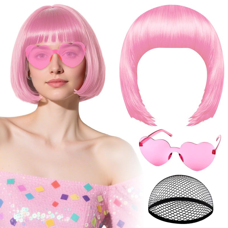 PLULON Pink Bob Wig with Heart Sunglasses and Hair Cap, Colorful Short Bob Wigs Synthetic Party Wigs Funny Cosplay Hairpieces for Women Men Daily Bachelorette Halloween Costume Party Decorations - Image 1