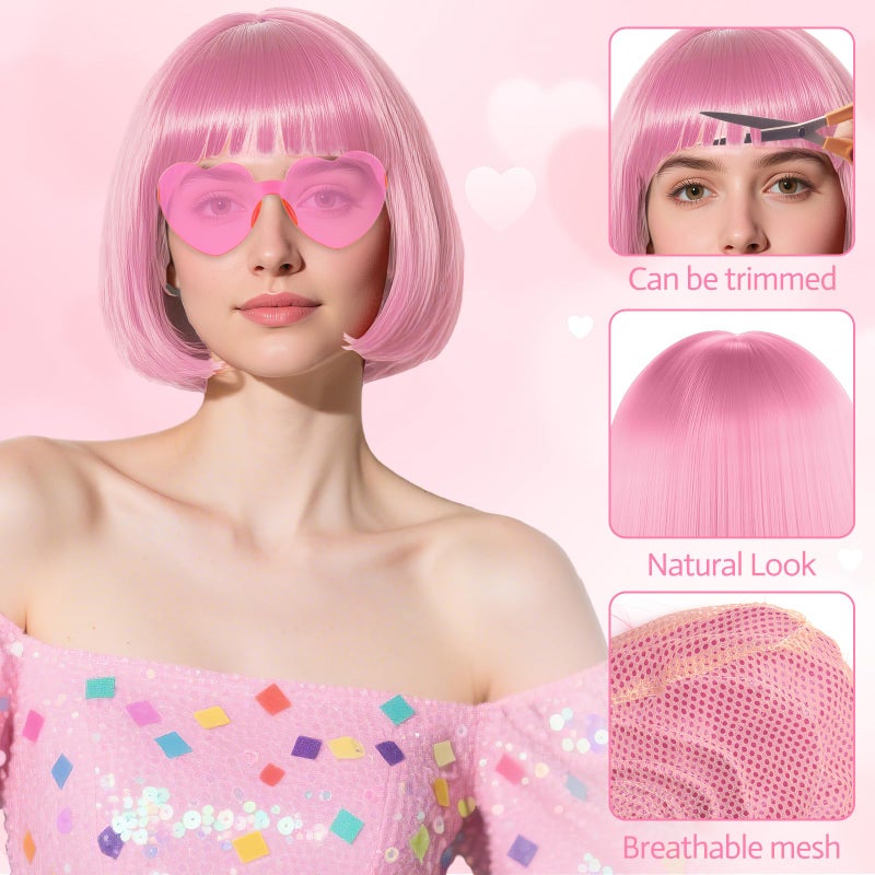 PLULON Pink Bob Wig with Heart Sunglasses and Hair Cap, Colorful Short Bob Wigs Synthetic Party Wigs Funny Cosplay Hairpieces for Women Men Daily Bachelorette Halloween Costume Party Decorations - Image 3