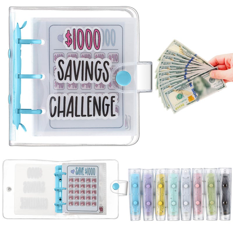 Jetec 1 Pcs 1000 Mini Money Saving Binder Money Saving Challenge Book with Envelopes for Budgeting Cash Planner School Class Christmas Prize Gift (Blue) - Image 1
