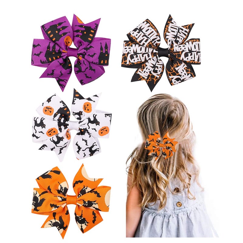 Halloween Hair Bows Clips for Girls Ghost Spider Web Hair Clip Bat Pumpkin Bow Knot Hair Pins Halloween Hair Accessories for Toddlers4 Pcs