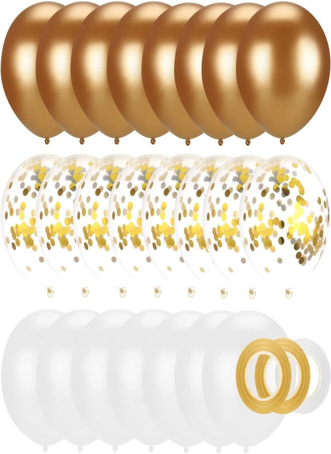 BOAO - Boao 50 Pieces 12 Inches Latex Balloons Confetti Balloons with 3 Rolls Ribbon for Wedding Birthday Party Supplies (White，Metallic Chrome Gold) - Image 1