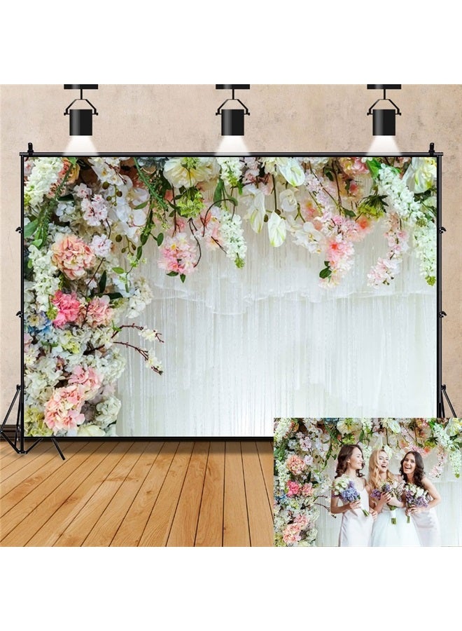 Yeele 7x5ft Floral Wall Wedding Backdrop Romantic Spring Rose Flower White Curtain Bridal Shower Party Decoration Background Proposal Engagement Cradle Ceremony Reception Backdrop - Image 1