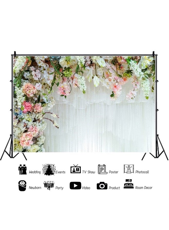 Yeele 7x5ft Floral Wall Wedding Backdrop Romantic Spring Rose Flower White Curtain Bridal Shower Party Decoration Background Proposal Engagement Cradle Ceremony Reception Backdrop - Image 2