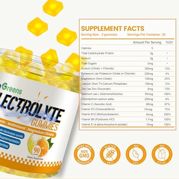 inGreens Natural Electrolyte Gummies with 6 Essential Electrolytes & Vitamins, Magnesium Citrate, Sugar Free Hydration Chews, Orange Lemon Flavor, Made in USA, 90 Gummies - Image 2
