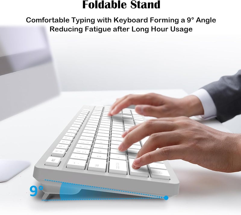 LeadsaiL K786 Wireless Keyboard and Mouse Combo, 2.4GHz Lag-Free Wireless, Full Size Ergonomic Keyboard Silent Mouse for Windows Mac PC Laptop, 12 FN Shortcuts, Long Battery Life - White and Grey - Image 3