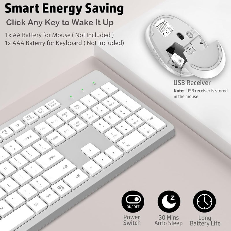 LeadsaiL K786 Wireless Keyboard and Mouse Combo, 2.4GHz Lag-Free Wireless, Full Size Ergonomic Keyboard Silent Mouse for Windows Mac PC Laptop, 12 FN Shortcuts, Long Battery Life - White and Grey - Image 4