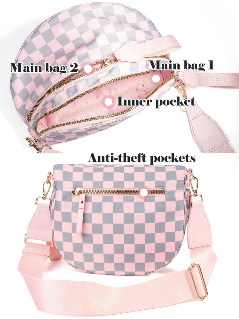 MEISEY Black and White Checkered Crossbody Bag Bum Bag for Women,Spacious Checkered Purse Fanny Packs Belt Bag (Light Pink Gray Checkered) - Image 3