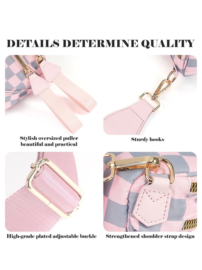 MEISEY Black and White Checkered Crossbody Bag Bum Bag for Women,Spacious Checkered Purse Fanny Packs Belt Bag (Light Pink Gray Checkered) - Image 5
