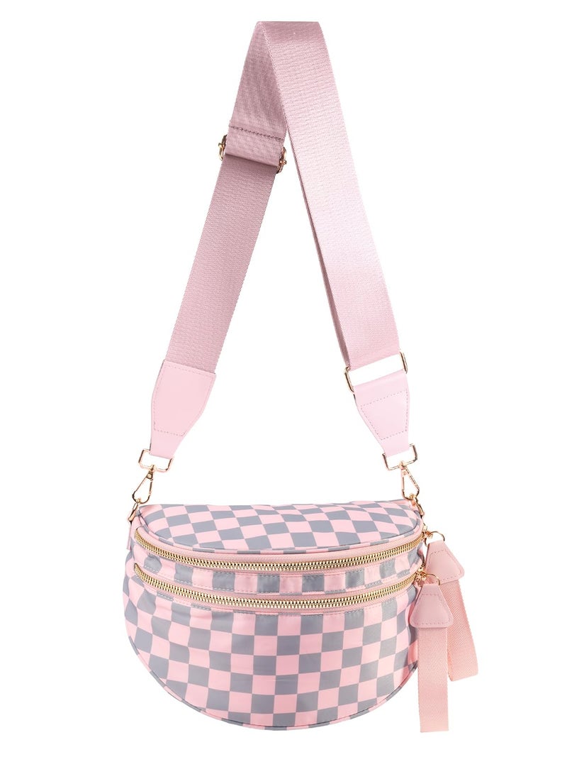 MEISEY Black and White Checkered Crossbody Bag Bum Bag for Women,Spacious Checkered Purse Fanny Packs Belt Bag (Light Pink Gray Checkered) - Image 1