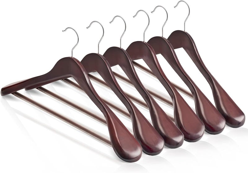 HOUSE DAY High-Grade Coat Hangers, Wide Shoulder Wooden Hangers with Non Slip Pants Bar, Smooth Retro Finish 360° Swivel Hook Solid Wood Coat Hangers for Heavy Clothes Hanger 6 Pack (Cherry Wood) - Image 1