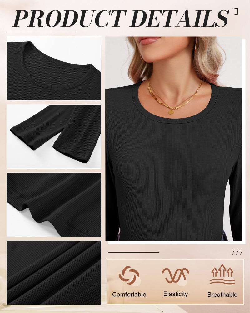 Ficerd 3 Pack Women's Ribbed Long Sleeve Tops, Crew Neck Slim Fit Knit Undershirts Basic Casual Stretch Layering Tee Shirts(Black, Light Gray, Apricot White,Small) - Image 5